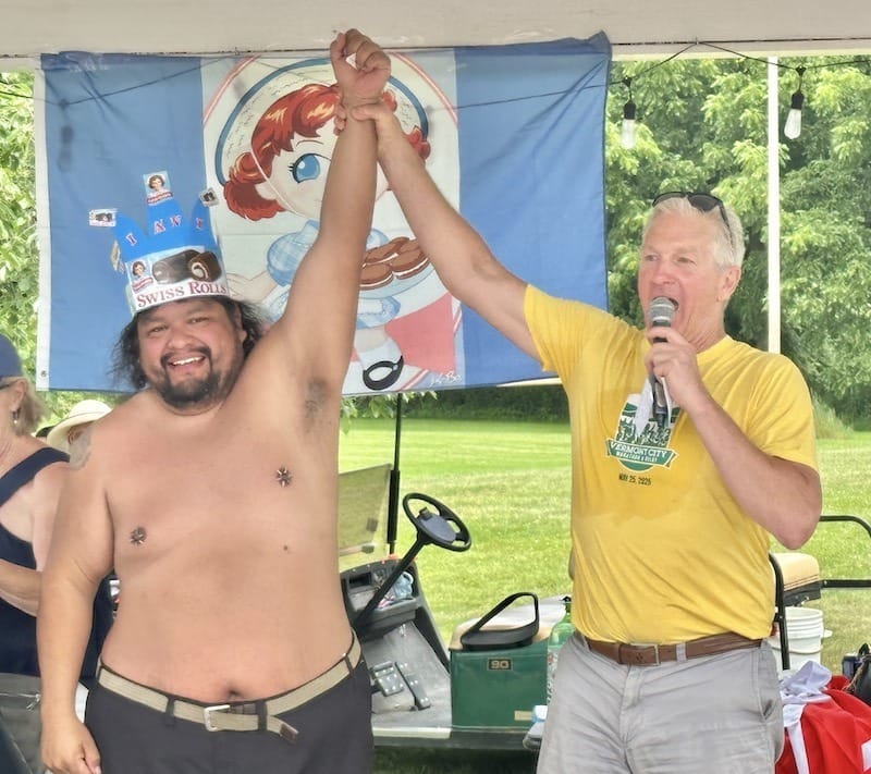 AJ Mendiola wins unprecedented 10th straight Swiss Roll eating contest